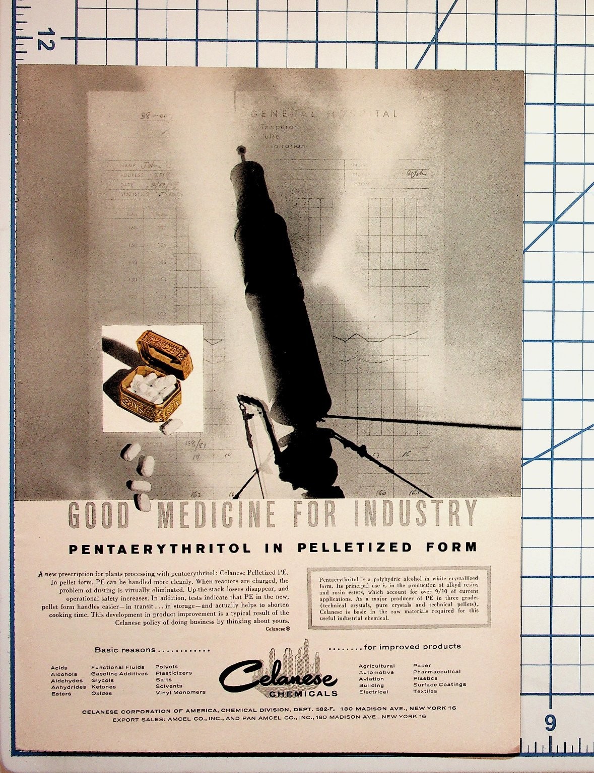 Celanese Chemicals Vintage Ad 1950s Pentaerythritol Industrial Ephemera