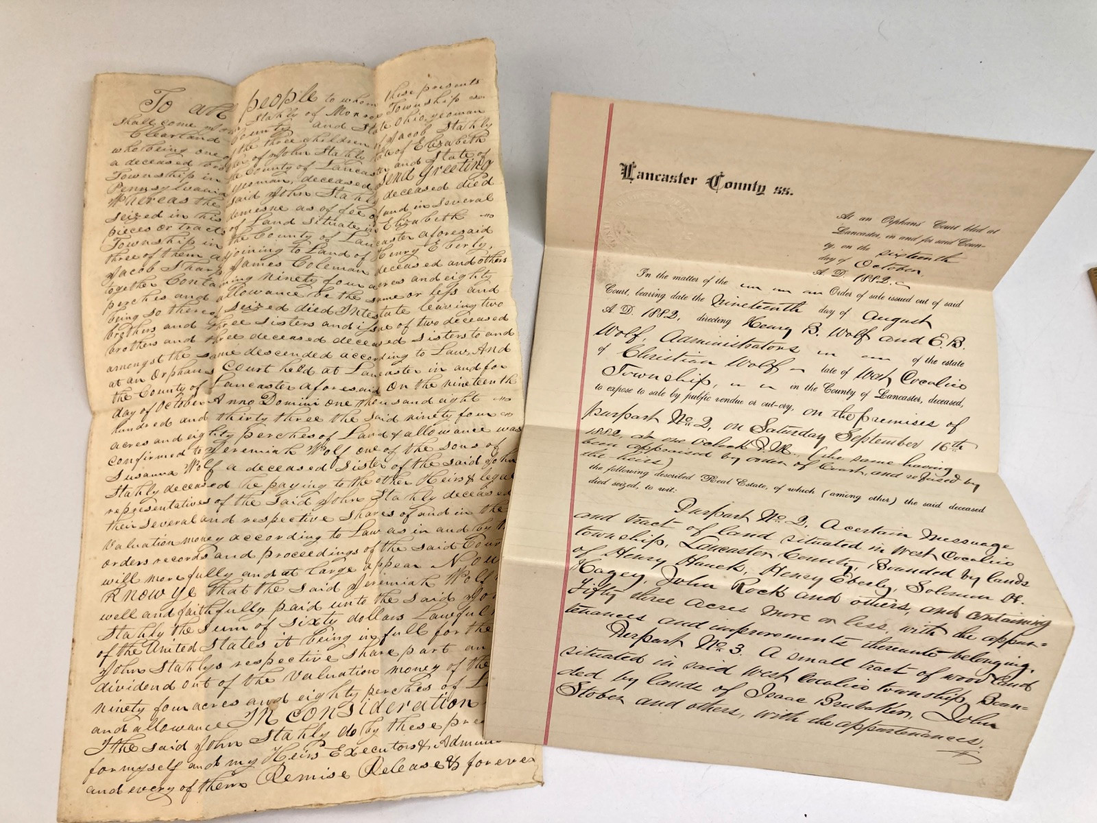 2 Antique Documents~ 1835 Property Release & 1882 Sale of Property, Lancaster PA