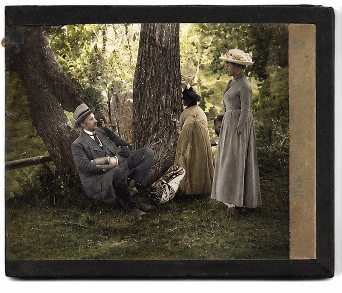Antique Hand-Colored Glass Magic Lantern Slide – Edwardian Garden Scene