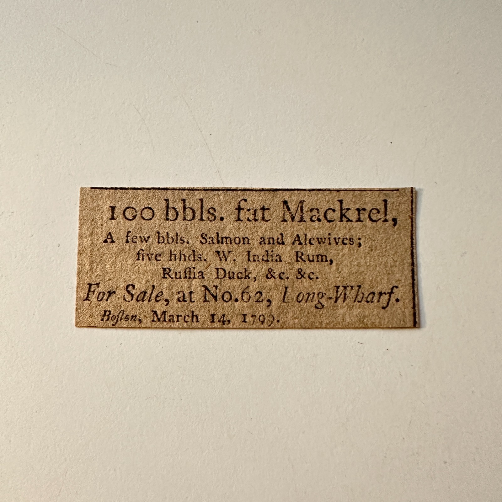 Fat Mackrel Salmon & Alewives Sale Long-Wharf Boston 1799 1799 Clipping 5AK9-S8