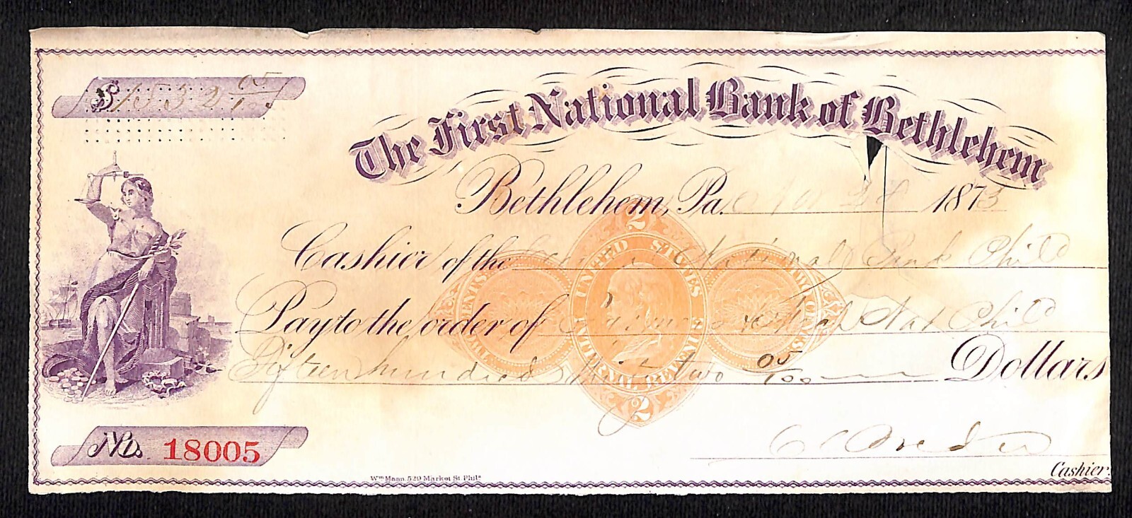 Bethlehem, PA 1873 First National Bank Check #18005 Vignette & Tax Stamp