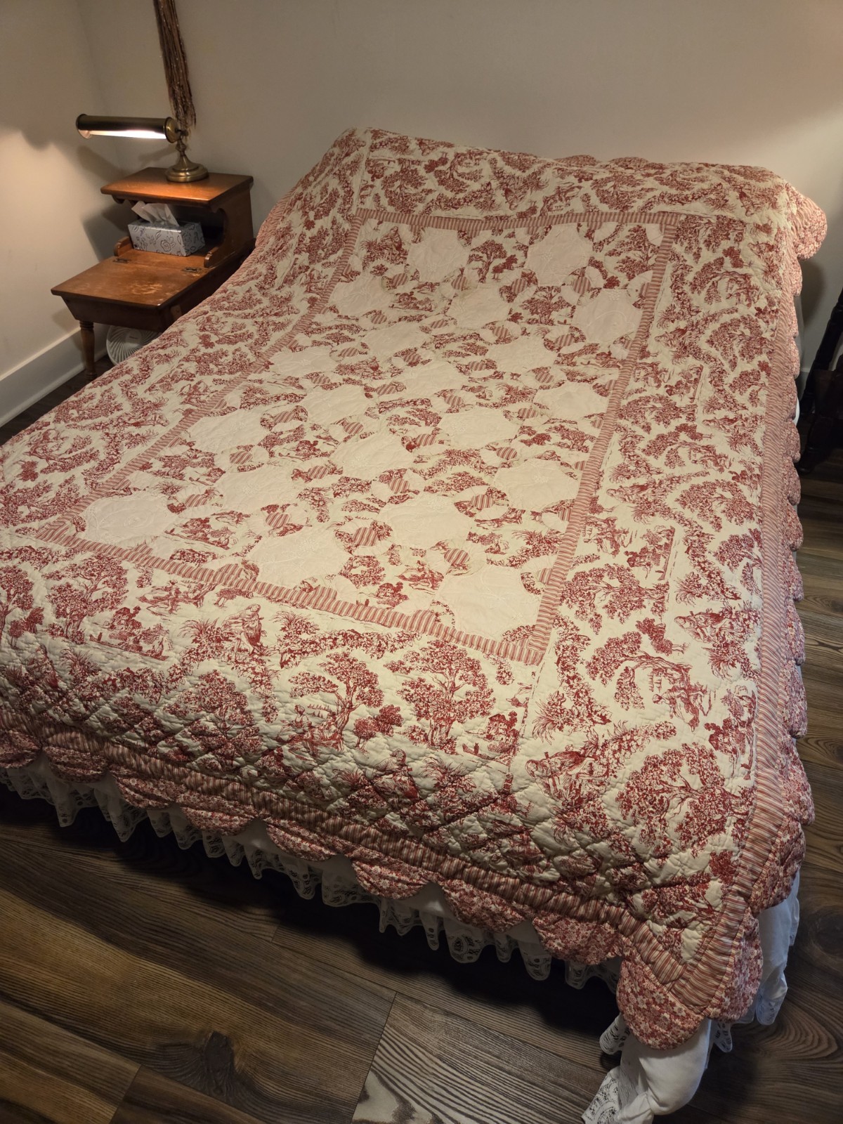 Vintage French Country Toile Quilt Classic Pastoral Print Red + Cream