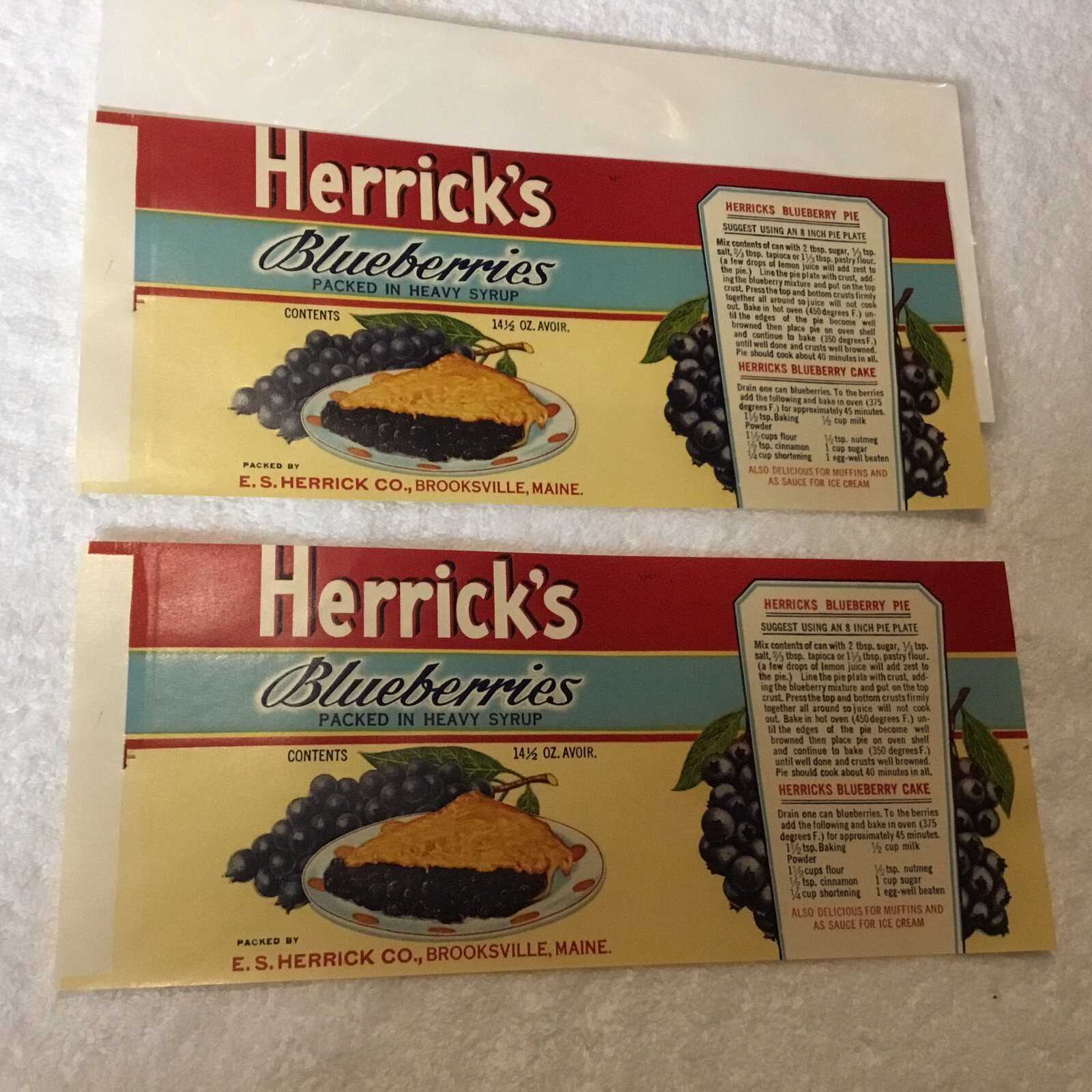 Vintage 2x Herrick's Blueberries Can Label 1930s Brooksville, ME Recipes. Bonus