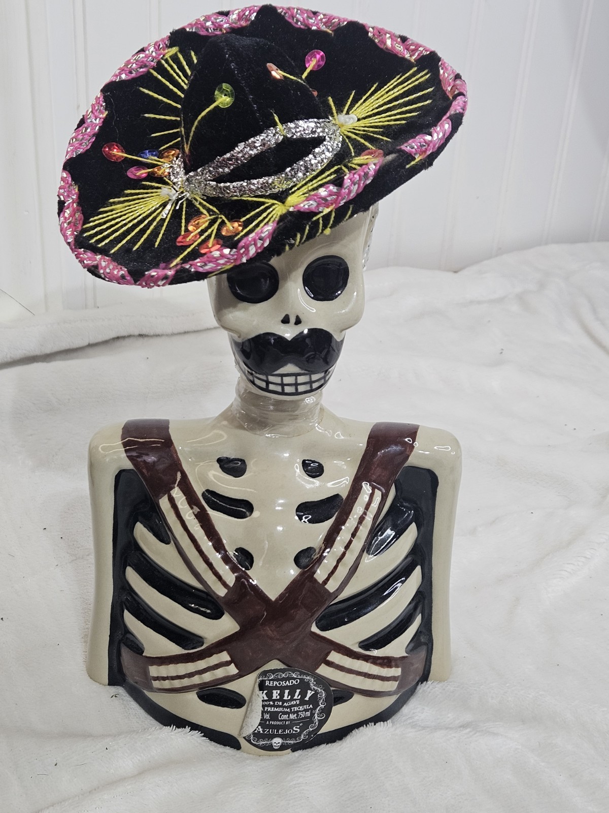SKELLY by Los Azulejos Tequila Glazed Pottery Skeleton Decanter Empty Bottle