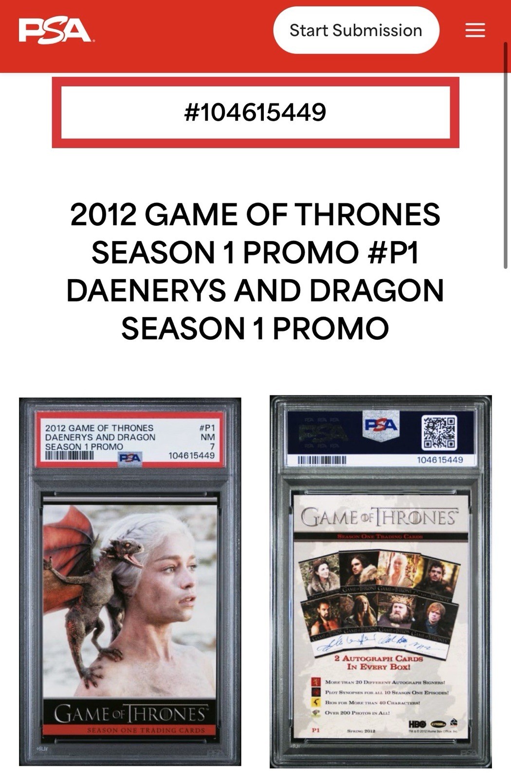 Daenerys Targaryen 2012 Game Of Thrones Season 1 Promo PSA POP 15‼️”Rookie” Card