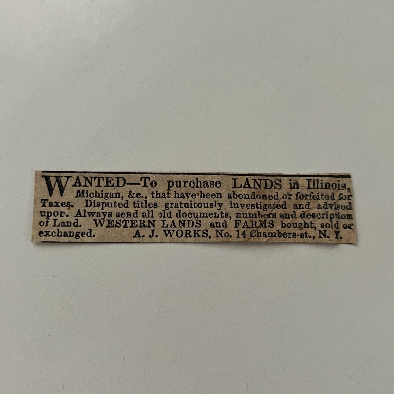 Wanted-To Purchase Lands In Illinois Michigan AJ Works NY 1857 Clipping TAJ5-S35