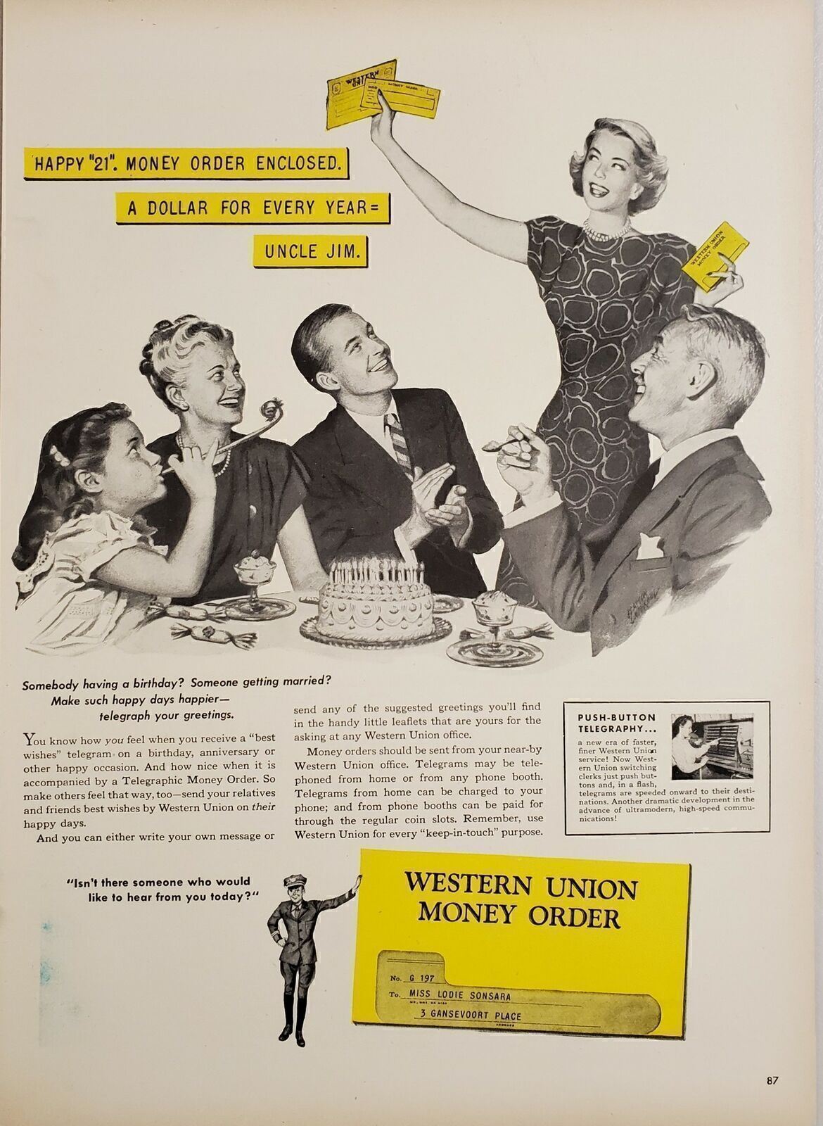 1947 Print Ad Western Union Telegram Money Orders Uncle Jim's Birthday