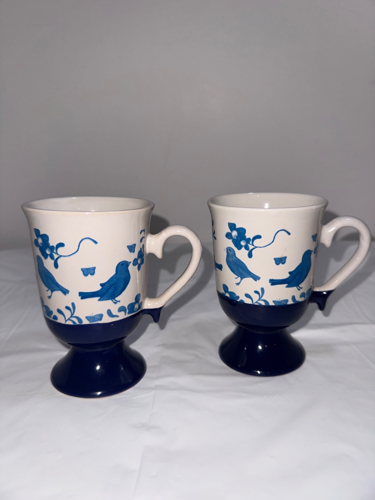 VTG 1970s Bluebird Pedestal Mugs Set of 2 Ceramic Dipped Design Kitchenware 8oz.