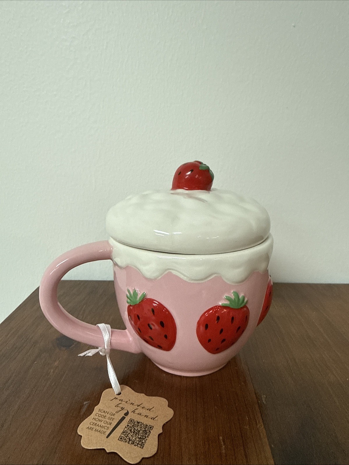 NWT LANG Pink Strawberry Coffee/Tea Ceramic Mug Lid Hand Painted Mother\'s Day