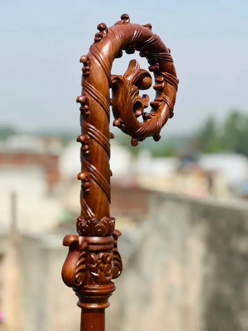 Handcrafted 72’’ Wooden Crozier Ornate Carved Bishop Shepherd Crook Religious
