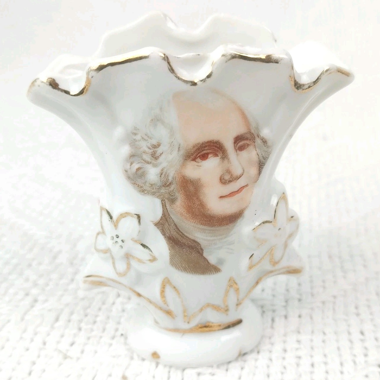 Vintage George Washington Porcelain Miniature Vase Toothpick Holder Gold Trim