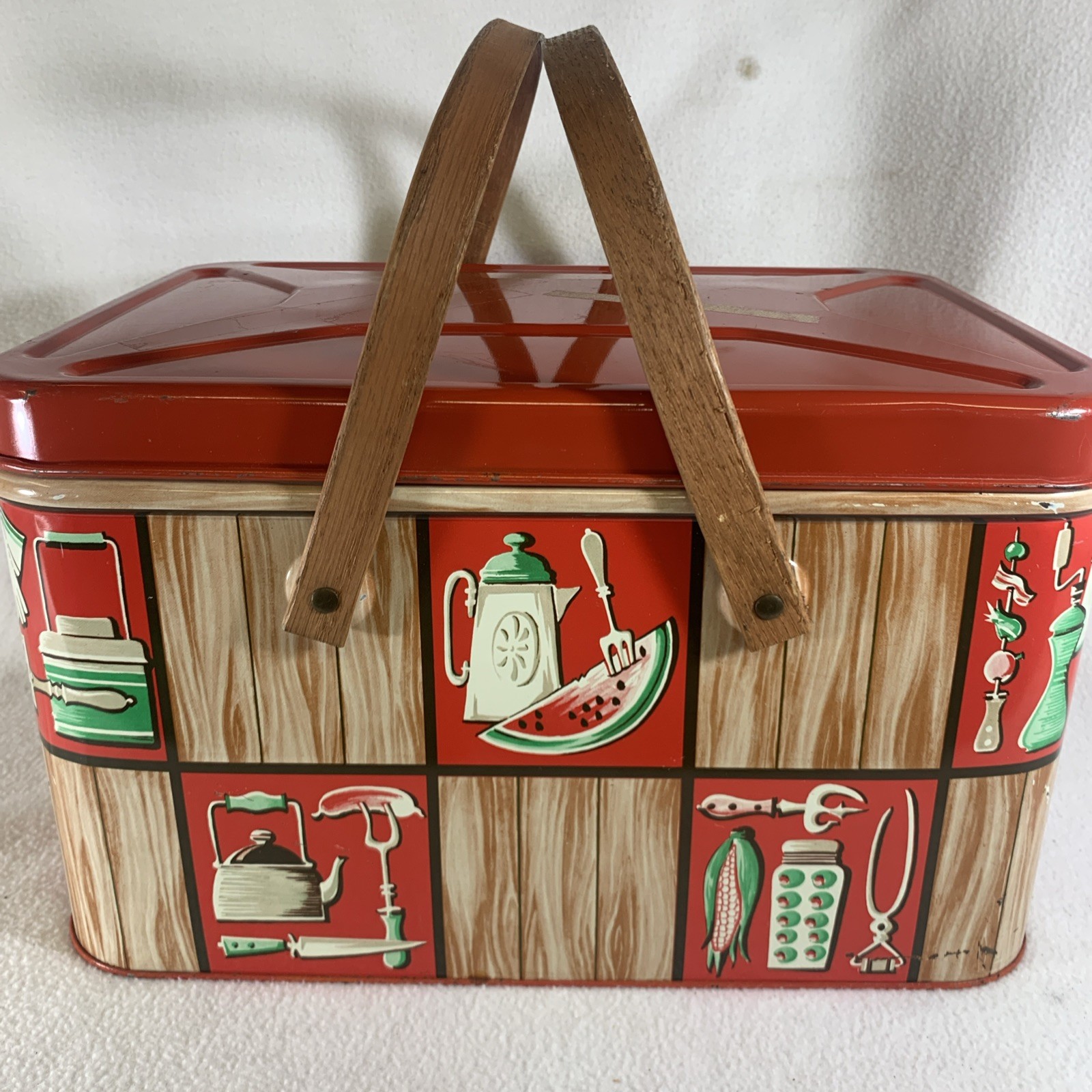 Vintage 1950's Decoware Red Metal Picnic Basket Lunch Box Can