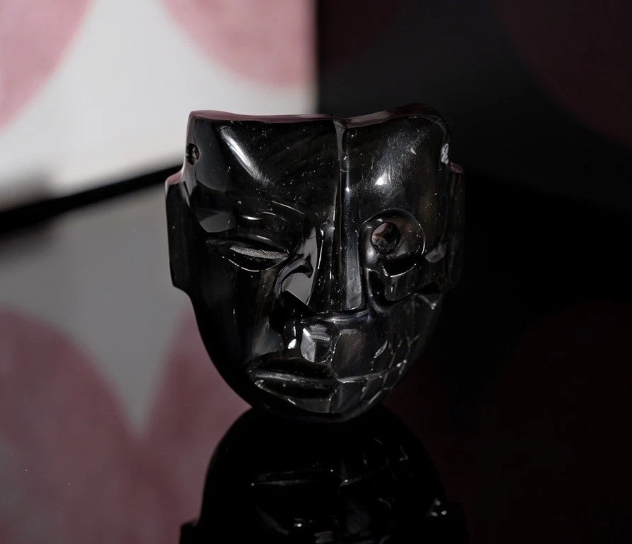 Handcrafted Teotihuacan Mask  Pendant Black Obsidian Carving from Pre-Hispanic