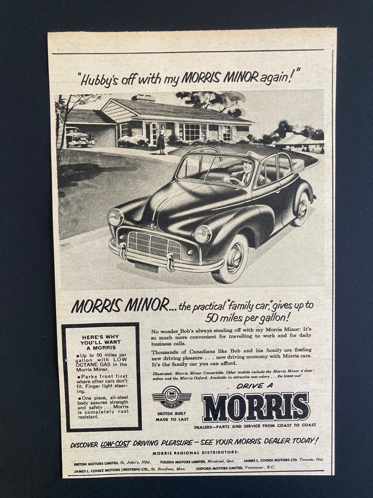 1953 CANADIAN CANADA CAR AD BRITISH BUILT MORRIS MINOR OXFORD MOTORS
