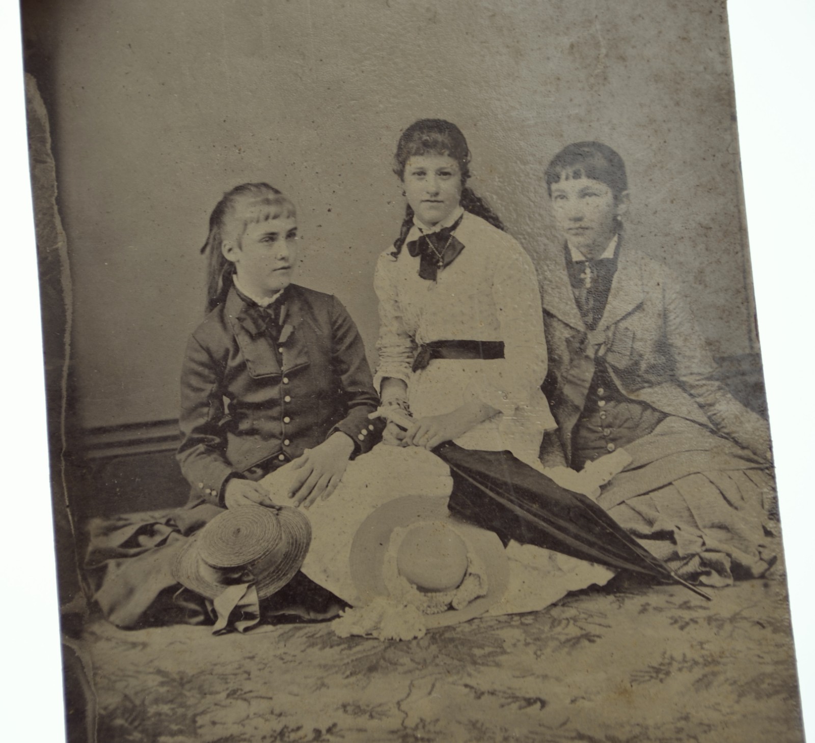Antique 1800s Tintype Young Ladies Girls in Fancy Dress, Hats, & Umbrella