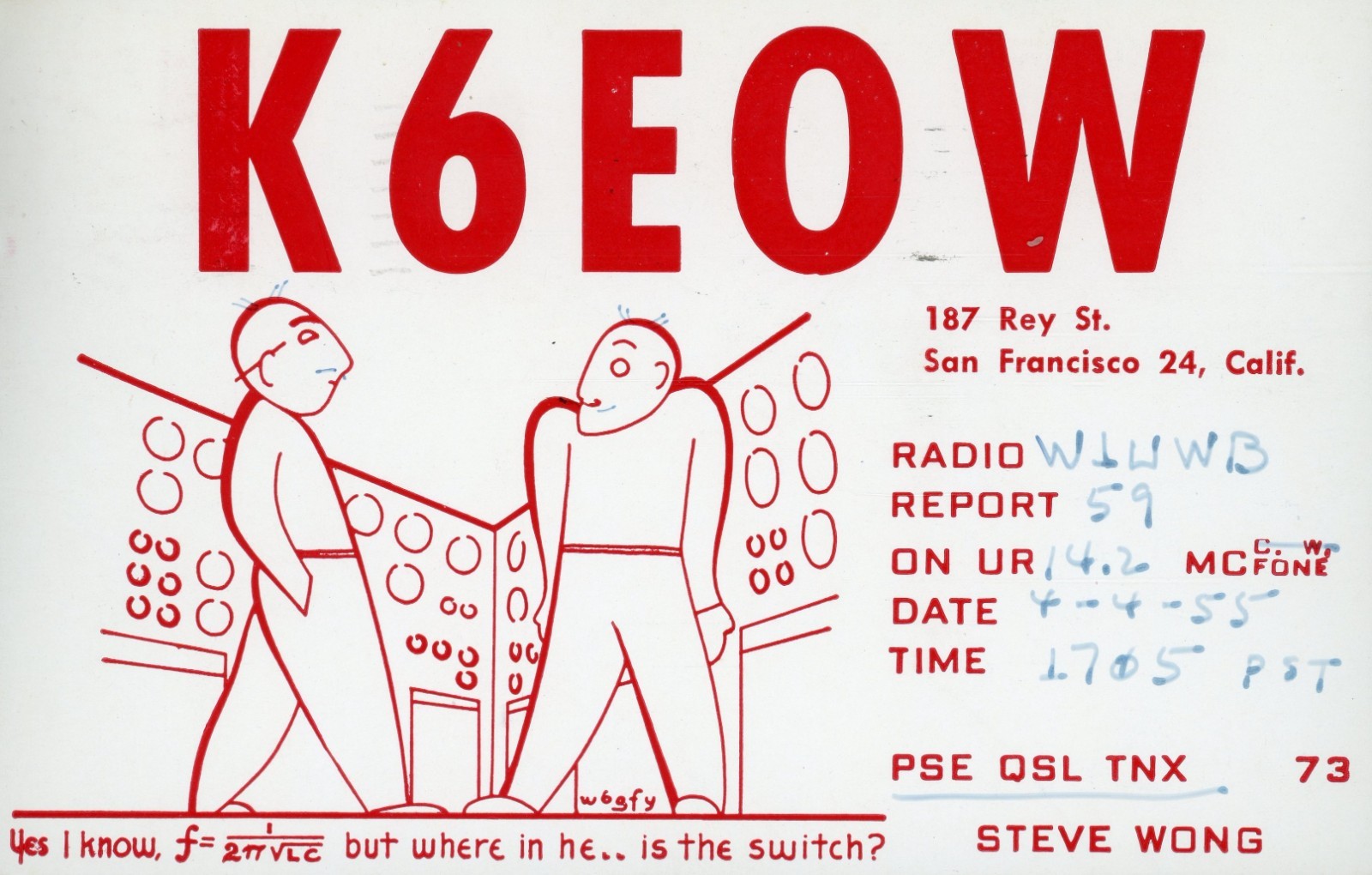 Vintage Amateur Radio QSL Postcard, 1955, K6EOW, San Francisco, CA, Scott #1033 Vintage Amateur Radio QSL Postcard, 1955, K6EOW, San Francisco, CA, Scott #1033