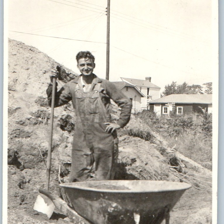 c1940s Handsome Young Man Overalls Shovel Wheelbarrow Labor Worker Photo 4