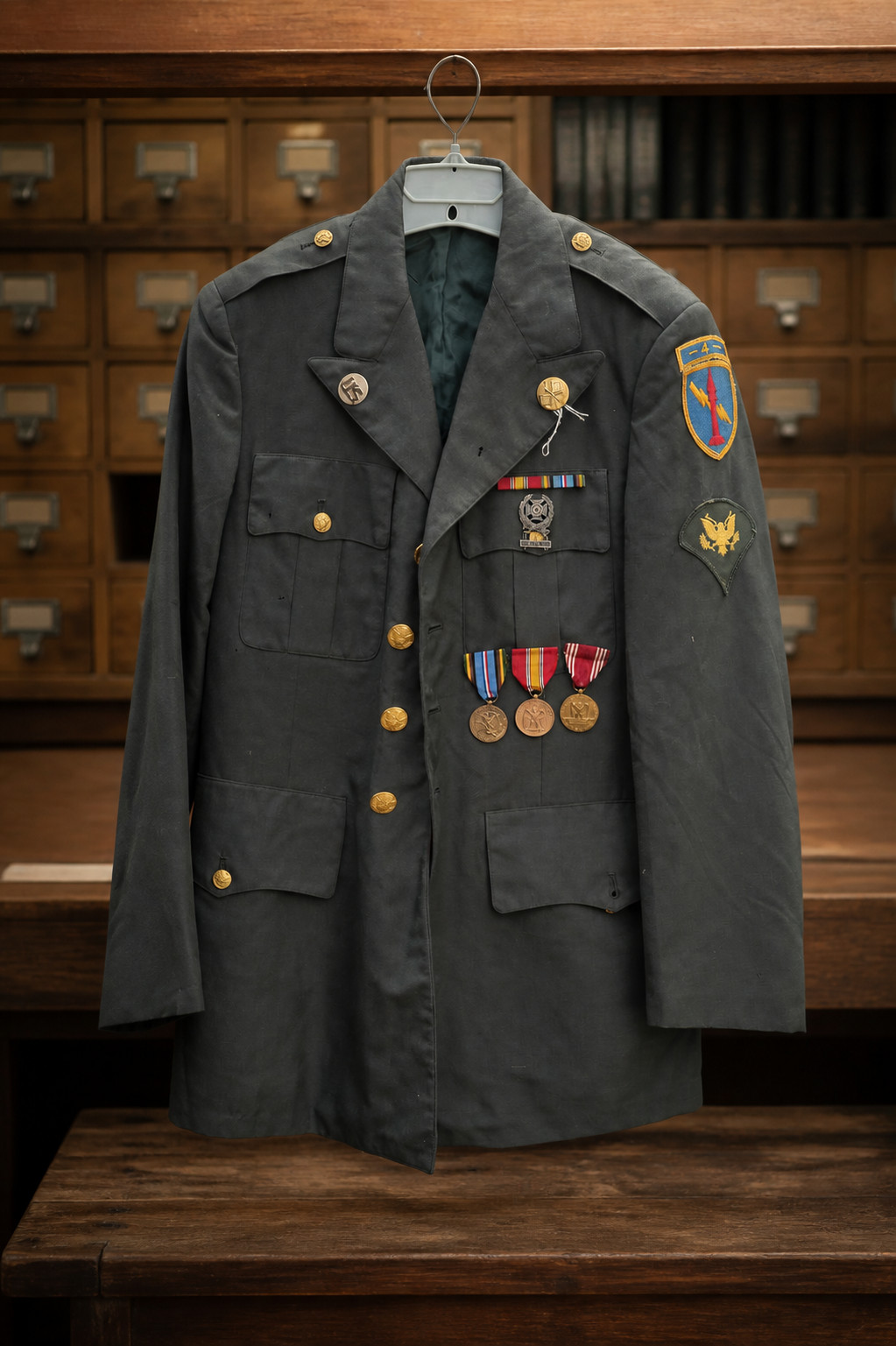 1960s U.S. Army Dress Green Uniform 4th Missile Command Medals Cap Tie 1960s U.S. Army Dress Green Uniform 4th Missile Command Medals Cap Tie