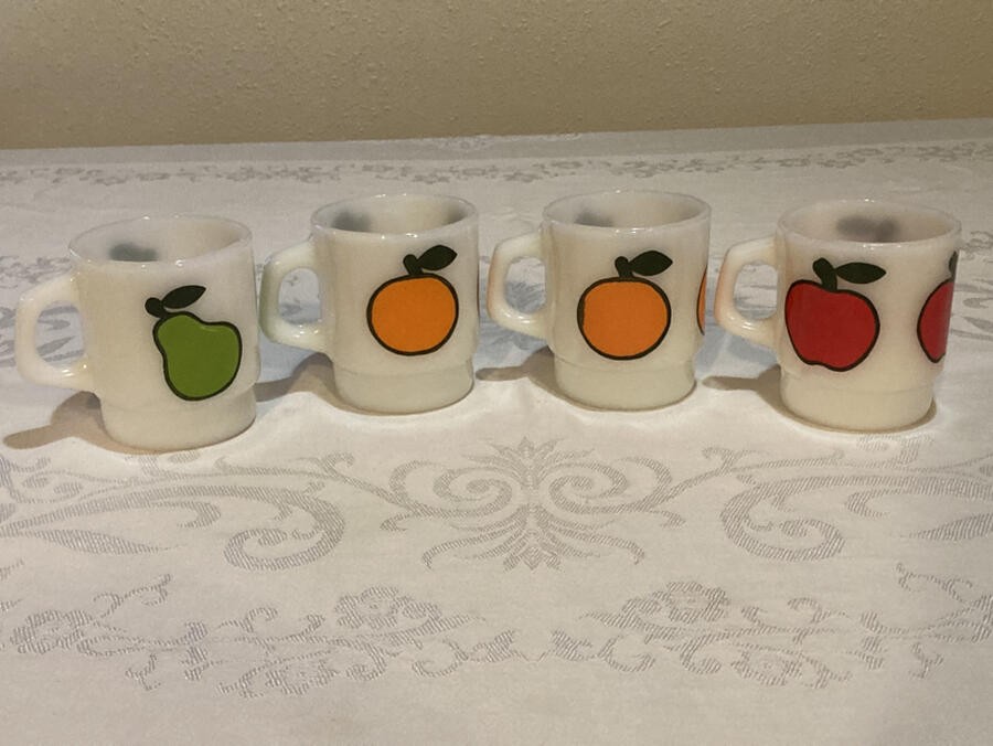 4 Vintage Fire King Mugs Or Cups Super Fruits Pear Orange Apple