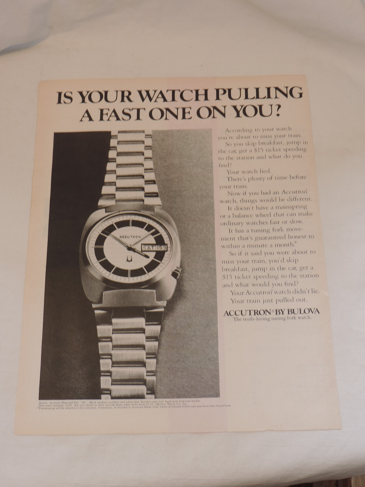 1972 ACCUTRON BY BULOVA WATCHES Large Format Full Page B&W Print Advertisement