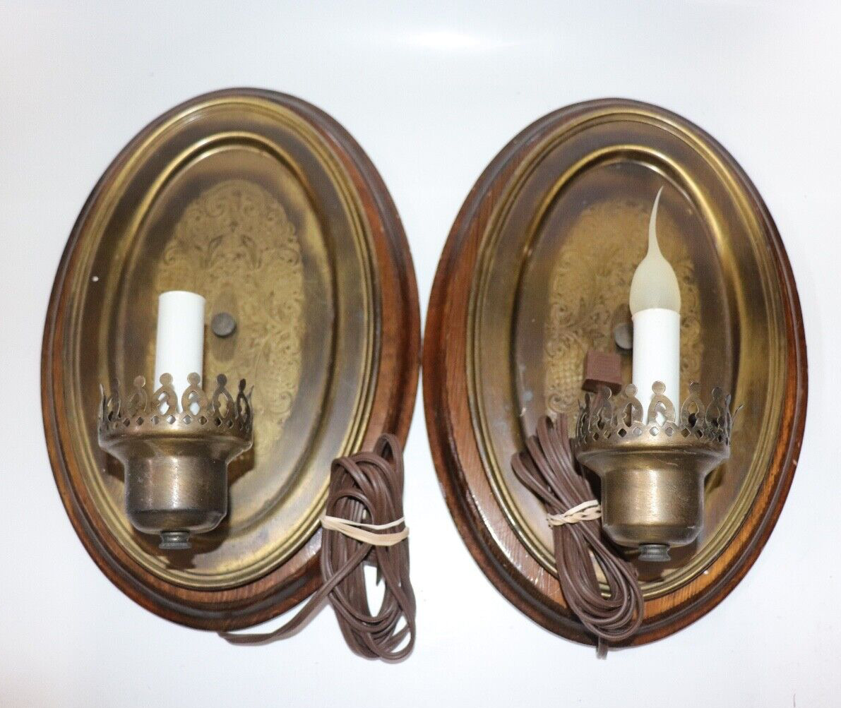 2 Antique Wood Brass Candle Wall Sconces