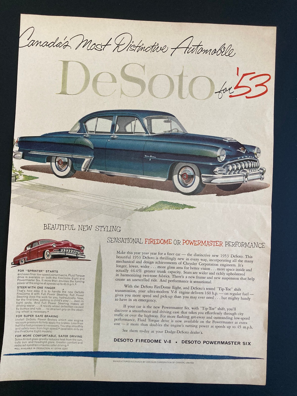 1953 CANADIAN CANADA DODGE CAR AD DESOTO BEAUTIFUL NEW STYLING