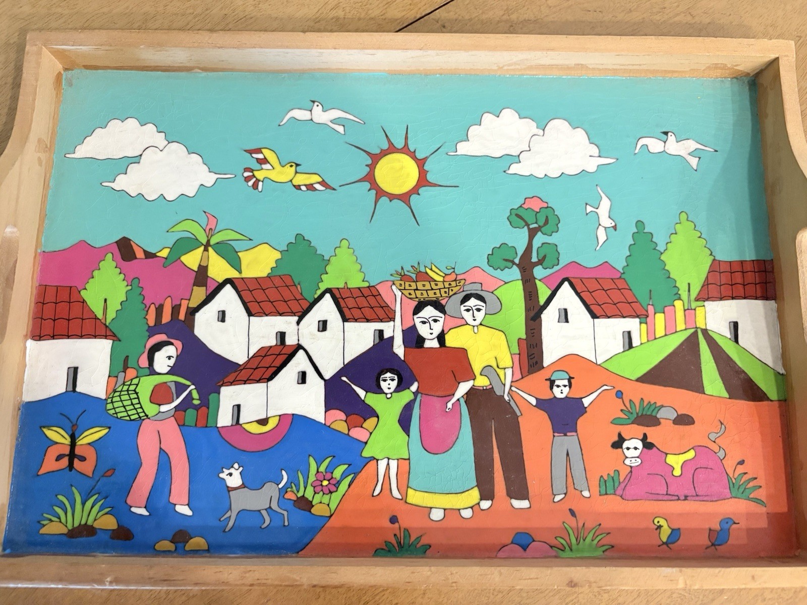 Vtg Colorful Folk Art Large Farm Village Scene Wood Serving Tray 15.75