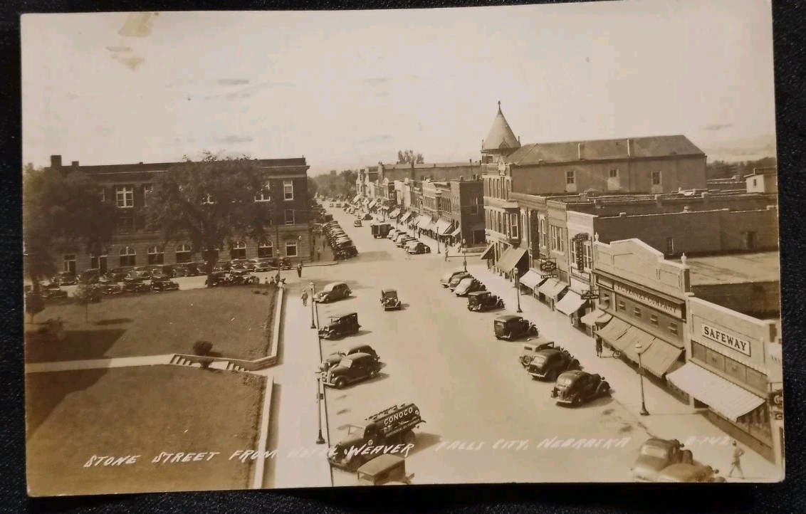 RPPC 1947 Stone Street From Hotel Weaver Falls City, Nebraska Photo Postcard
