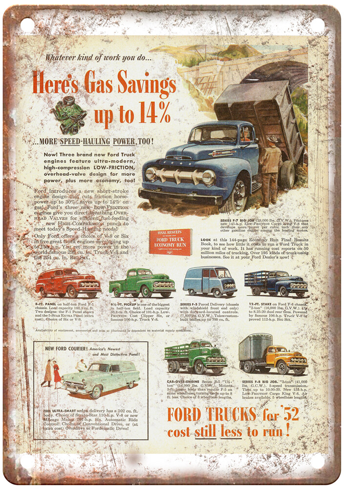Vintage 1952 Ford Trucks Courier Ad Retro Look Metal Sign A6787