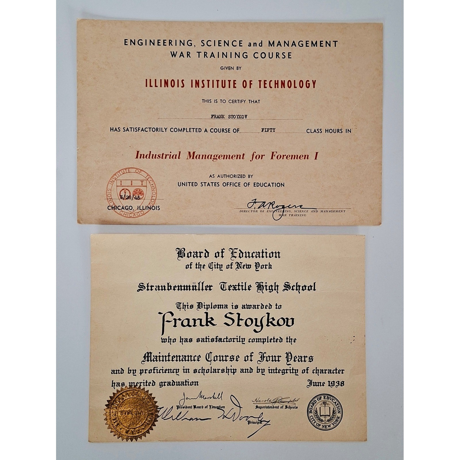 1938 NYC Textile HS Diploma & 1945 Illinois Tech Certificate Frank Stoykov Lot