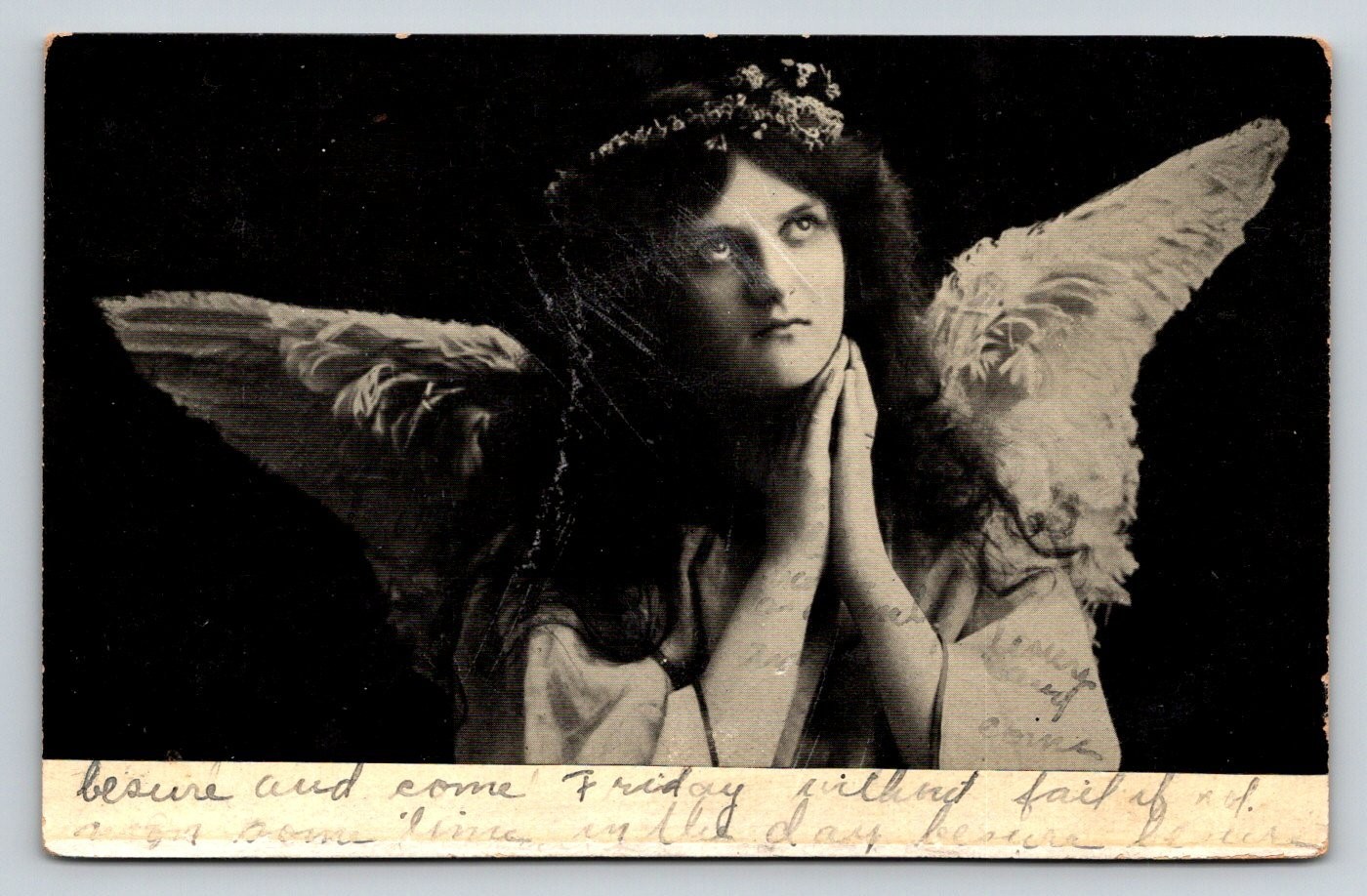 Antique 1907 Real Photo Postcard Guardian Angel Praying RPPC Minerva NY Postmark