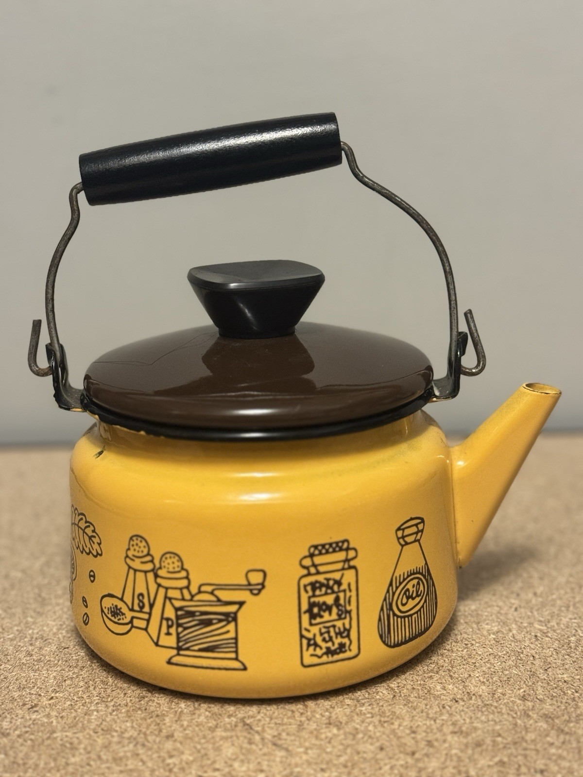 Vintage 1970s Cera-Met Yellow Enamel Tea Kettle Pot Retro Kitchen Spice Graphic