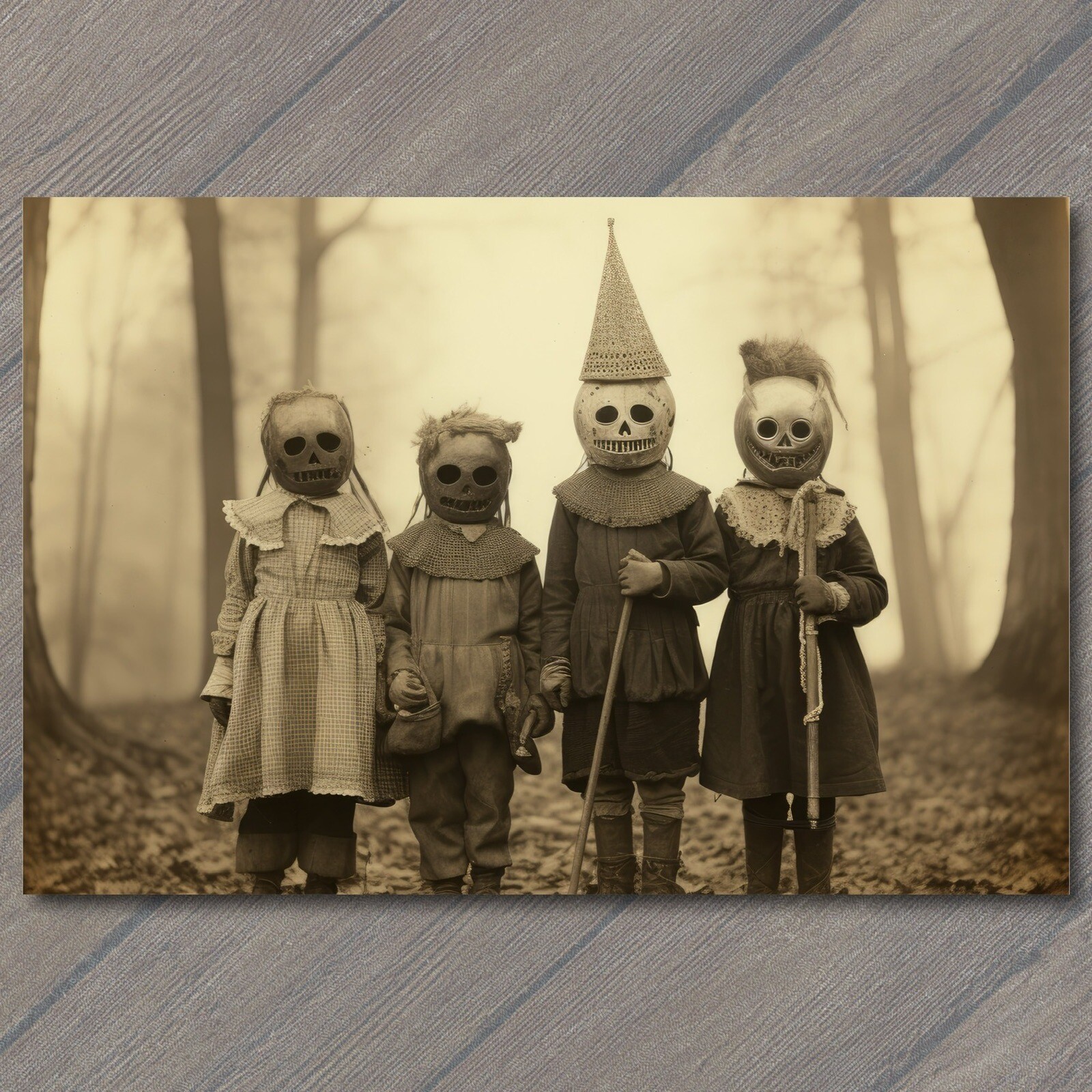 POSTCARD Weird Creepy Vintage Vibe Kids Masks Halloween Cult Unusual Family