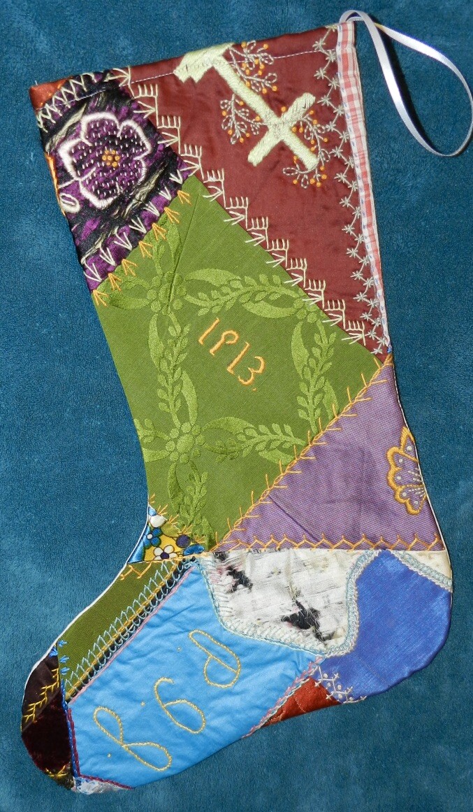 AWESOME ANTIQUE VINTAGE CRAZY QUILT CHRISTMAS STOCKING CUTTER QUILT \