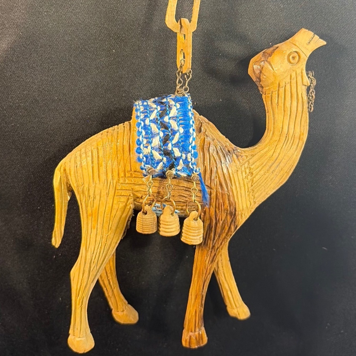 Vintage Hand Carved Wood Camel Figurine with Hanging Chain Folk Art Middle East