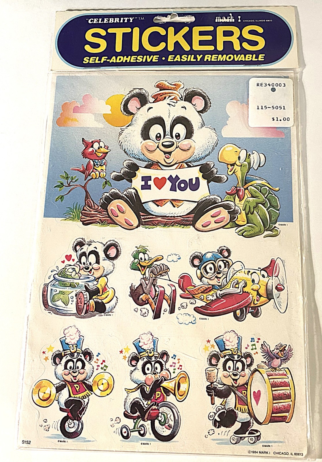Vtg 80\'s Mark I CELEBRITY PANDA Stickers 2 LG sheets Anthropomorphic New In Pkg