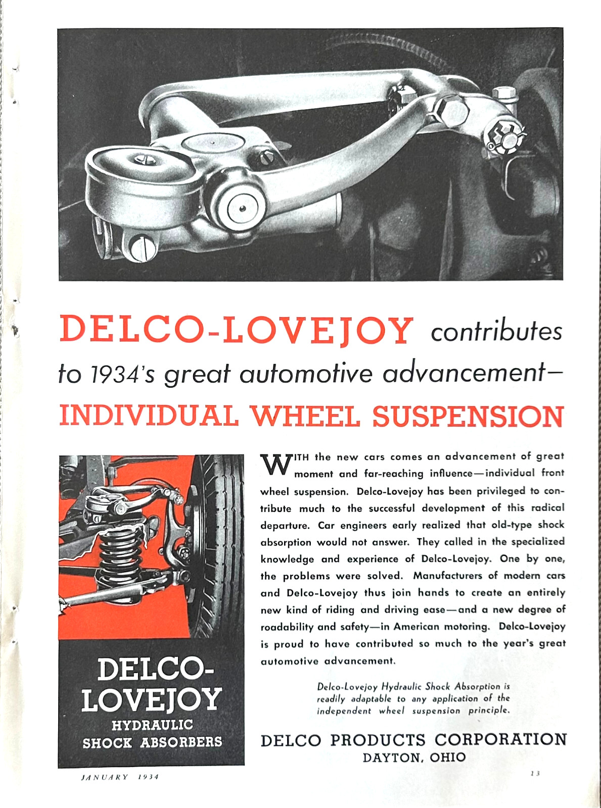 Delco Products Corp Ad 1934 Dayton OH Delco-Lovejoy Individual Wheel Suspension