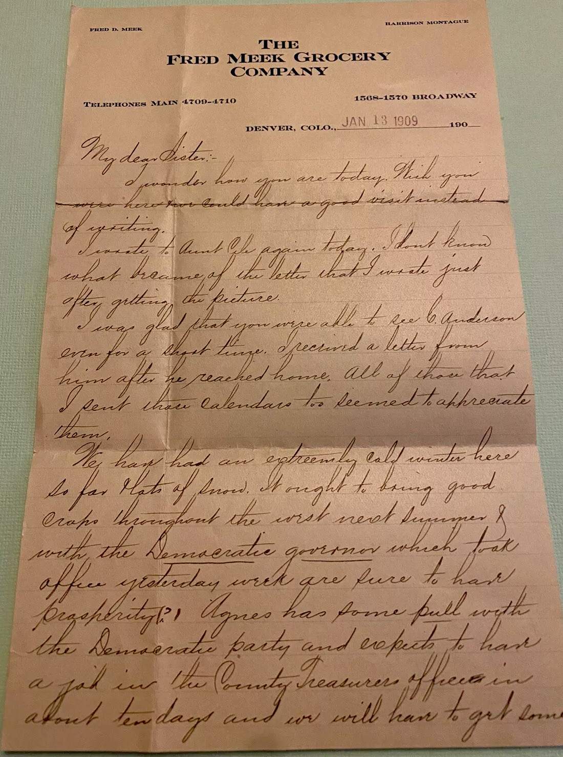 Vtg 1909 FRED MEEK GROCERY COMPANY Denver Colorado Letterhead Letter