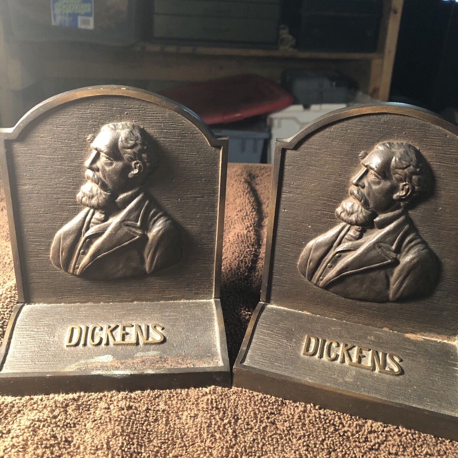 PAIR OF VERY HEAVY ANTIQUE BRONZE BOOKENDS WITH CHAS DICKENS