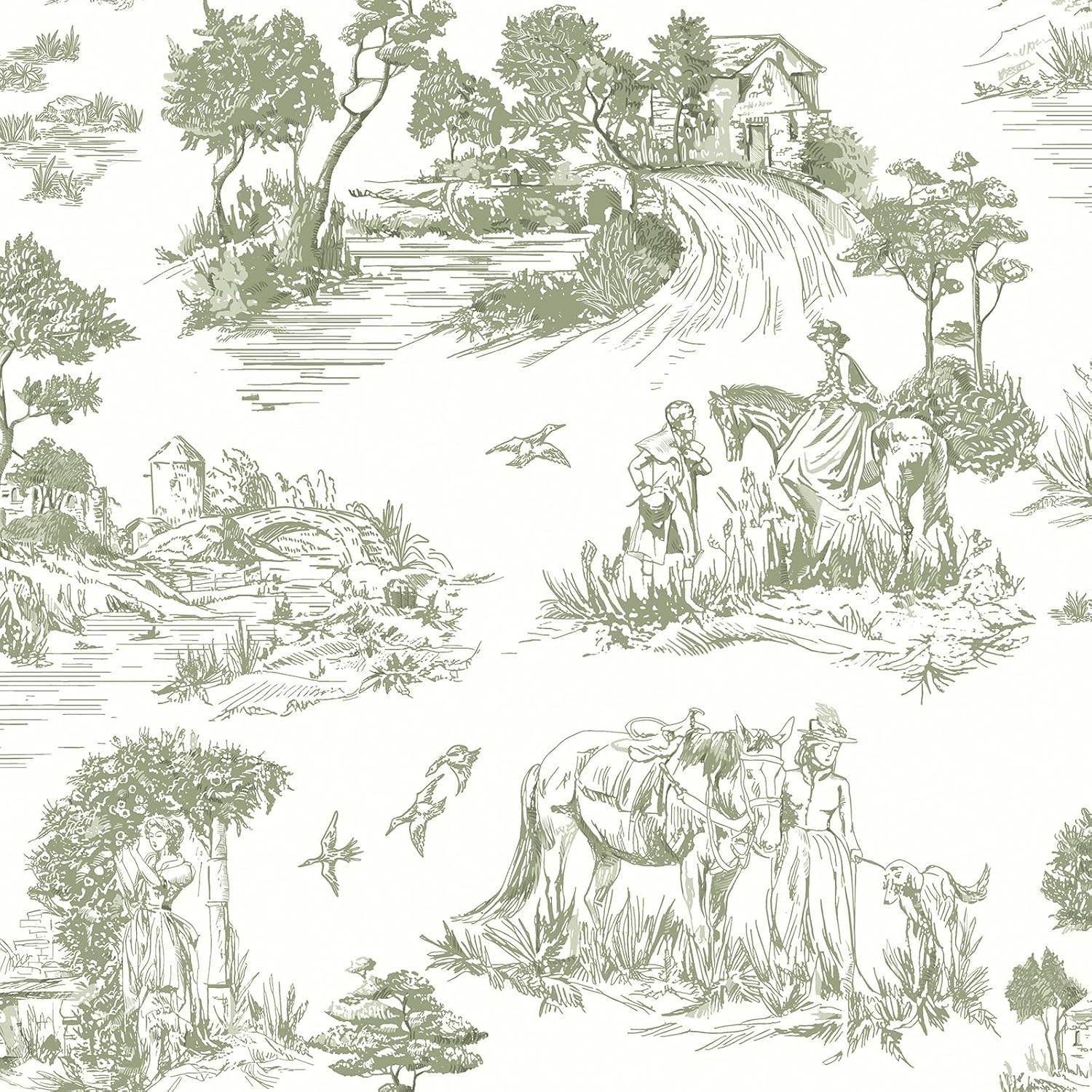 Green Toile Peel and Stick Wallpaper Vintage Contact Paper 16.9inch x 118.1inch