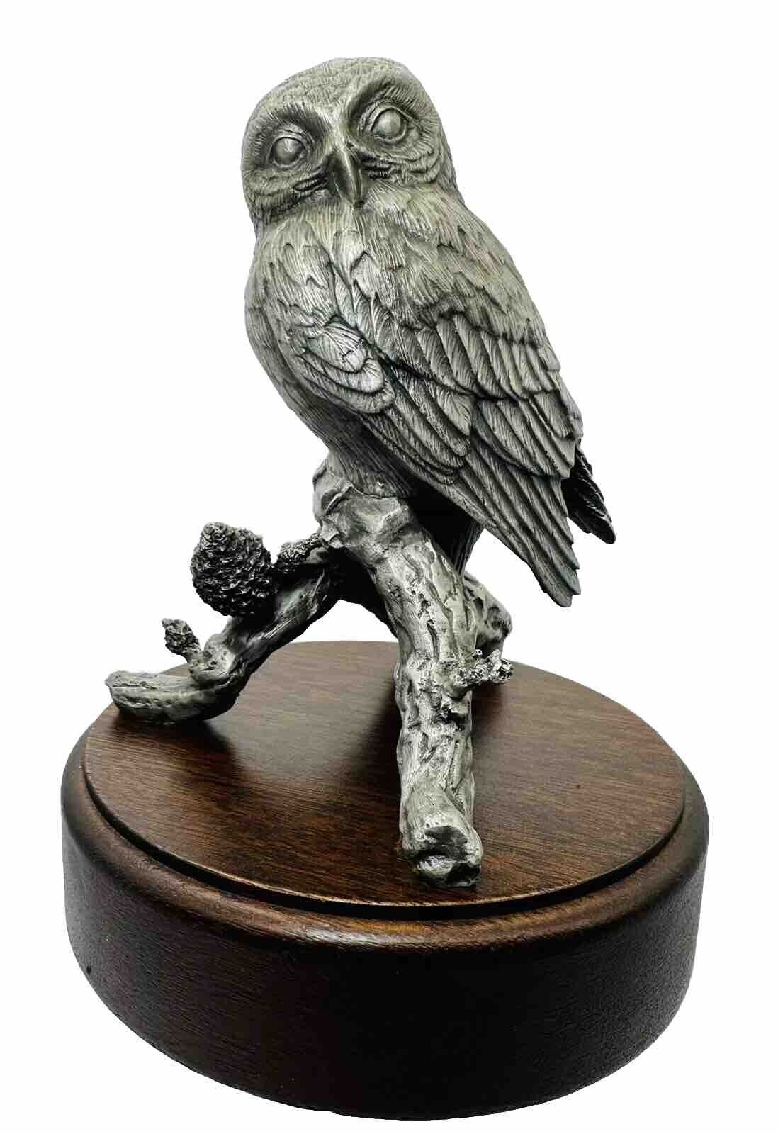 1976 Hooter Lance Pewter Pygme Owl Sculpture Wood Base Metal Owle Gnome Statue