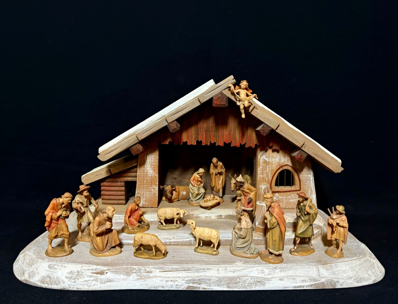 ~*~Vintage 3” scale Anri Kuolt Wood Carved Nativity Set w/ Stable— Italy~*~