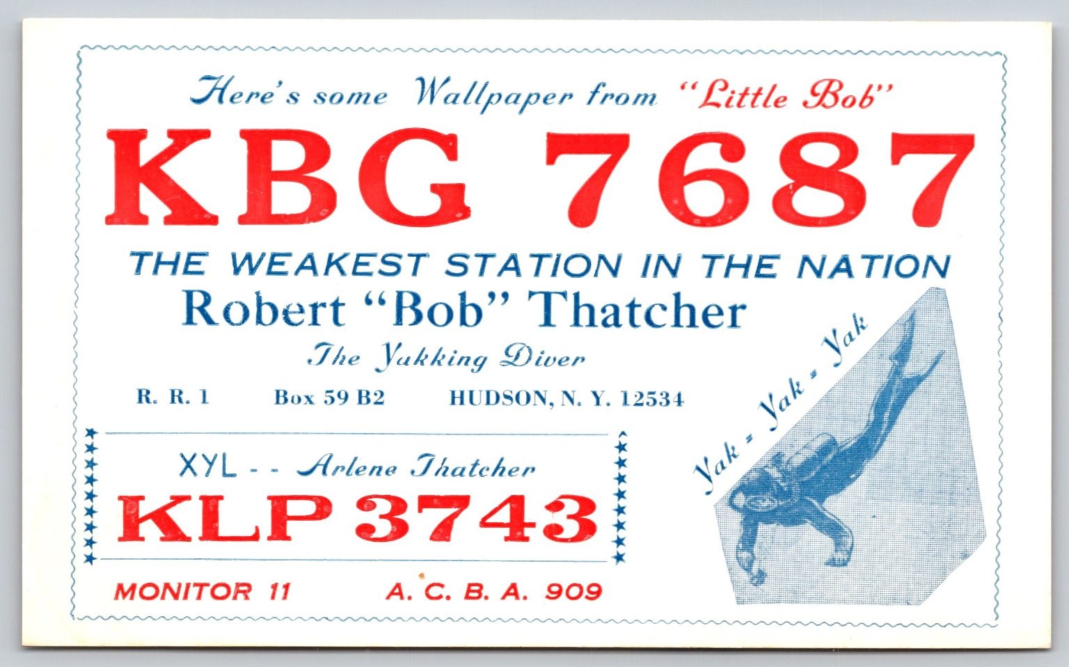 Vintage QSL Card KBG 7687 Bob Thatcher The Yukking Diver Hudson NY CB Radio C4