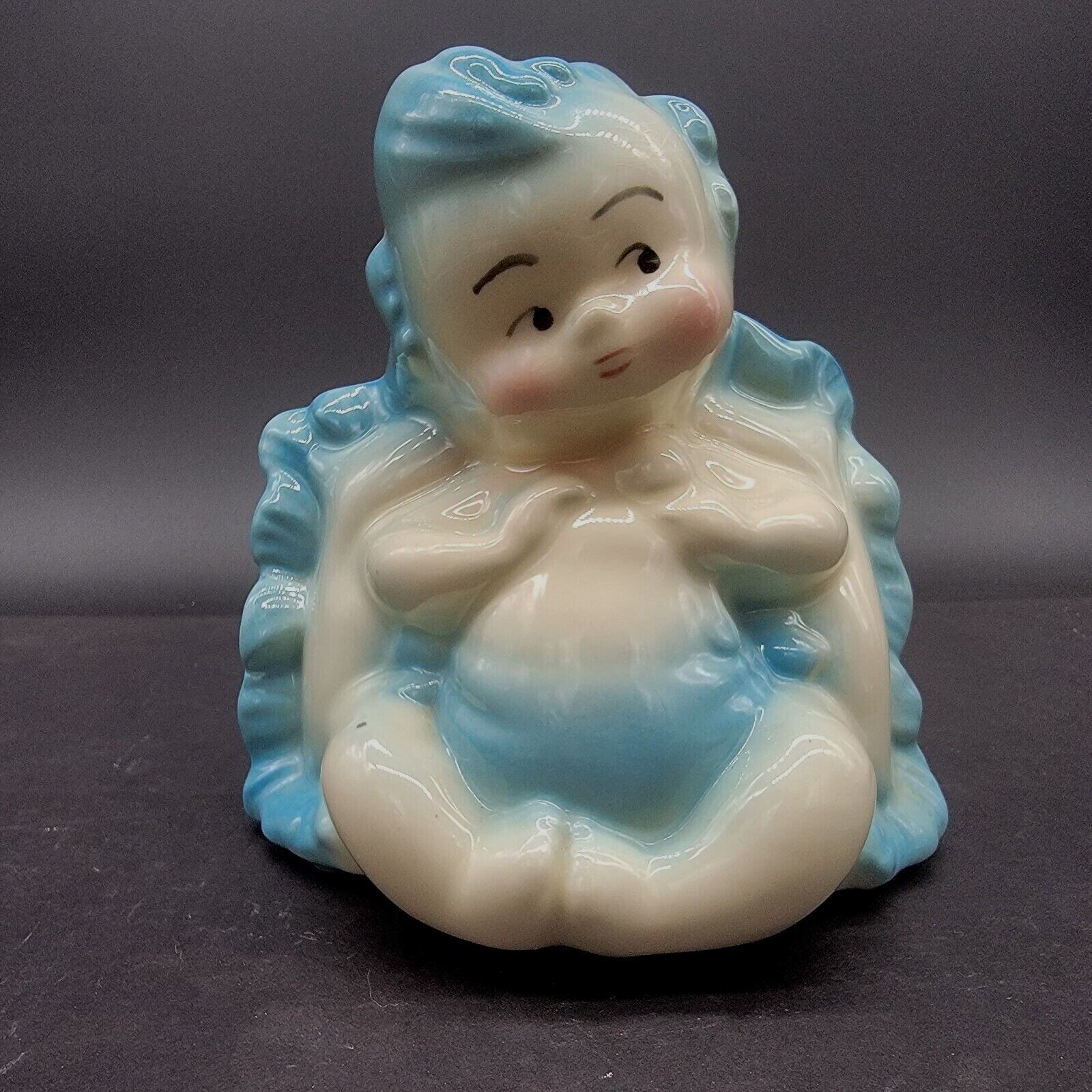 Vintage Hull Blue Glossy Ceramic Baby on Pillow Planter Nursery Vase 5 1/2\