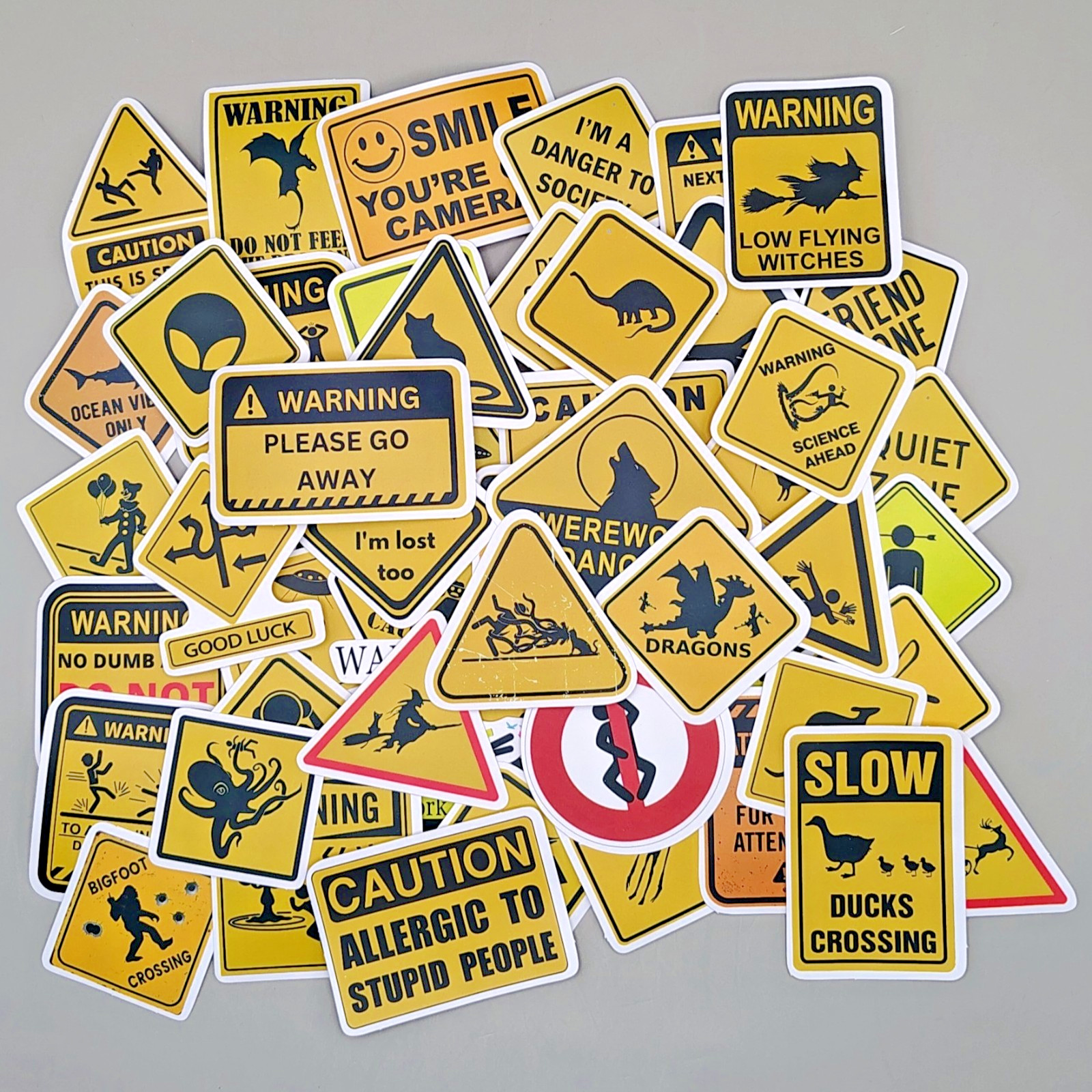 Funny Novelty Warning Sign Sticker Pack Caution Humor Vinyl Decals Lot 50 Pcs