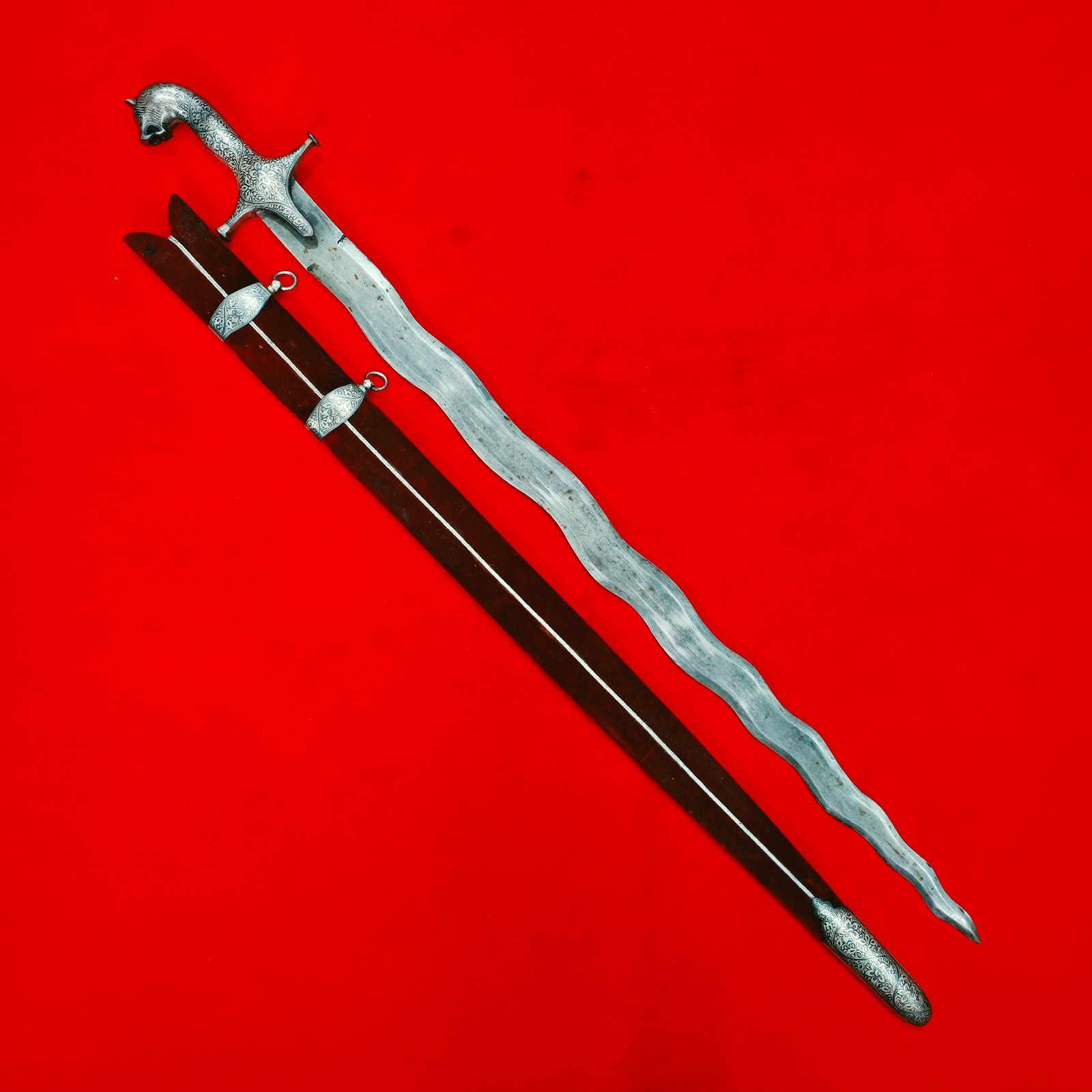 Indo-Persian Mughal Rajput Sikh Silver Koftgari Serpentine Damascus Sword Tulwar