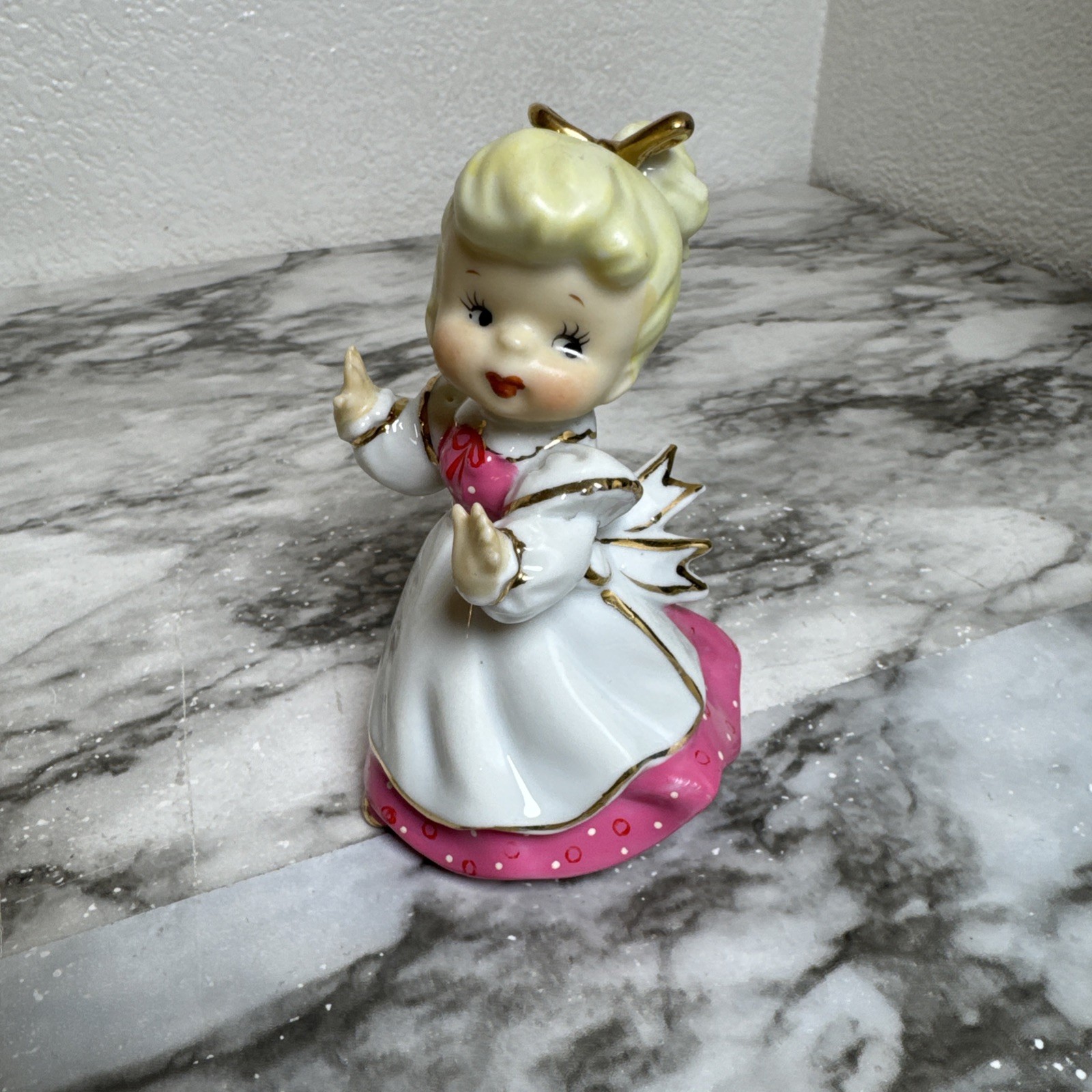 Vintage Lefton Blonde Girl Figurine Pink/White Dress Gold Trim  4.5''