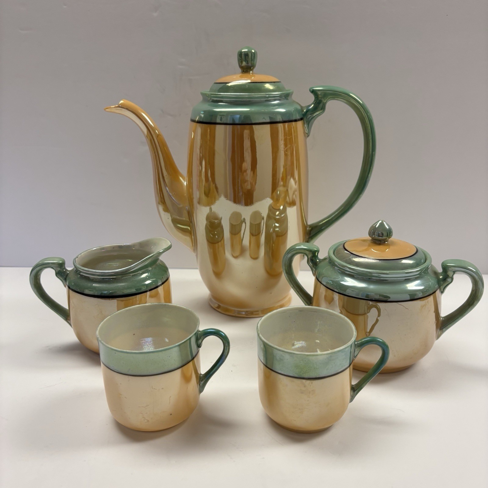 Vintage Japan Lusterware Tea Coffee Set Pot Sugar Creamer Cups Peach Green