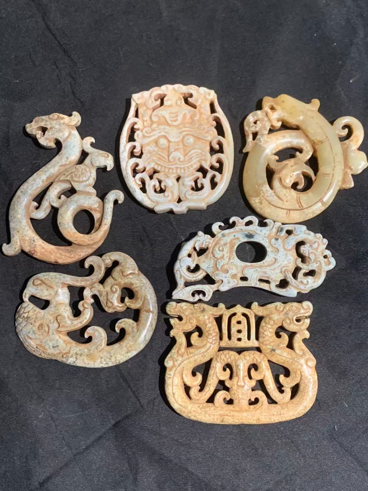 6Pcs Rare Chinese Old HeTian Jade Hand Carved 2Faces Pendants