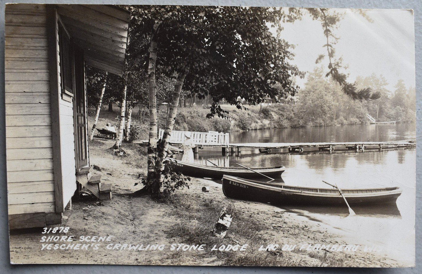 Lac Du Flambeau Yeschek's Crawling Stone Lodge WI Canoes RPPC Photo Postcard